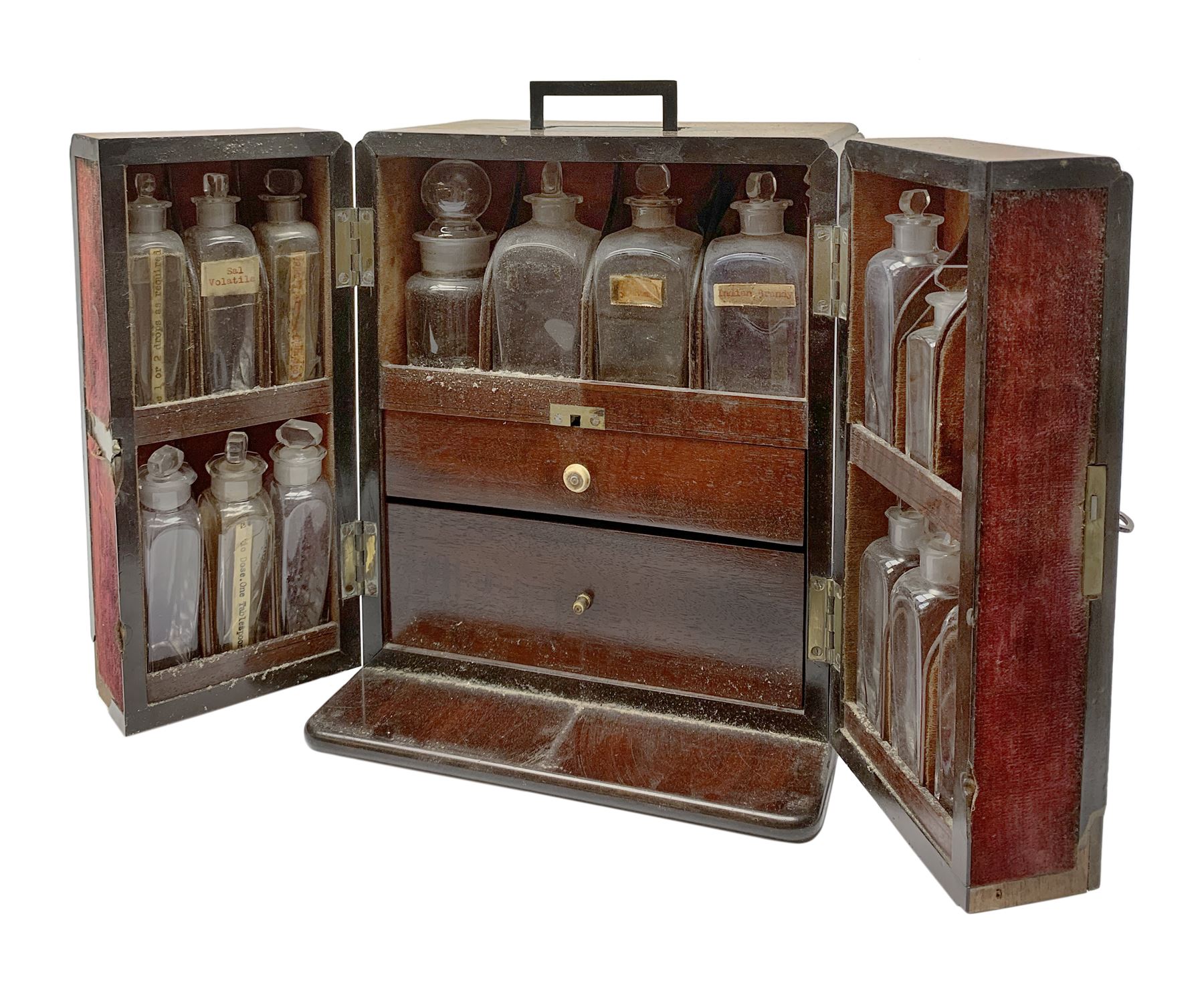 19th century mahogany travelling apothecary cabinet, with recessed brass carry handle to top, and two deep-section hinged doors to the front opening to reveal a fitted interior with clear glass bottles and two drawers, H27cm