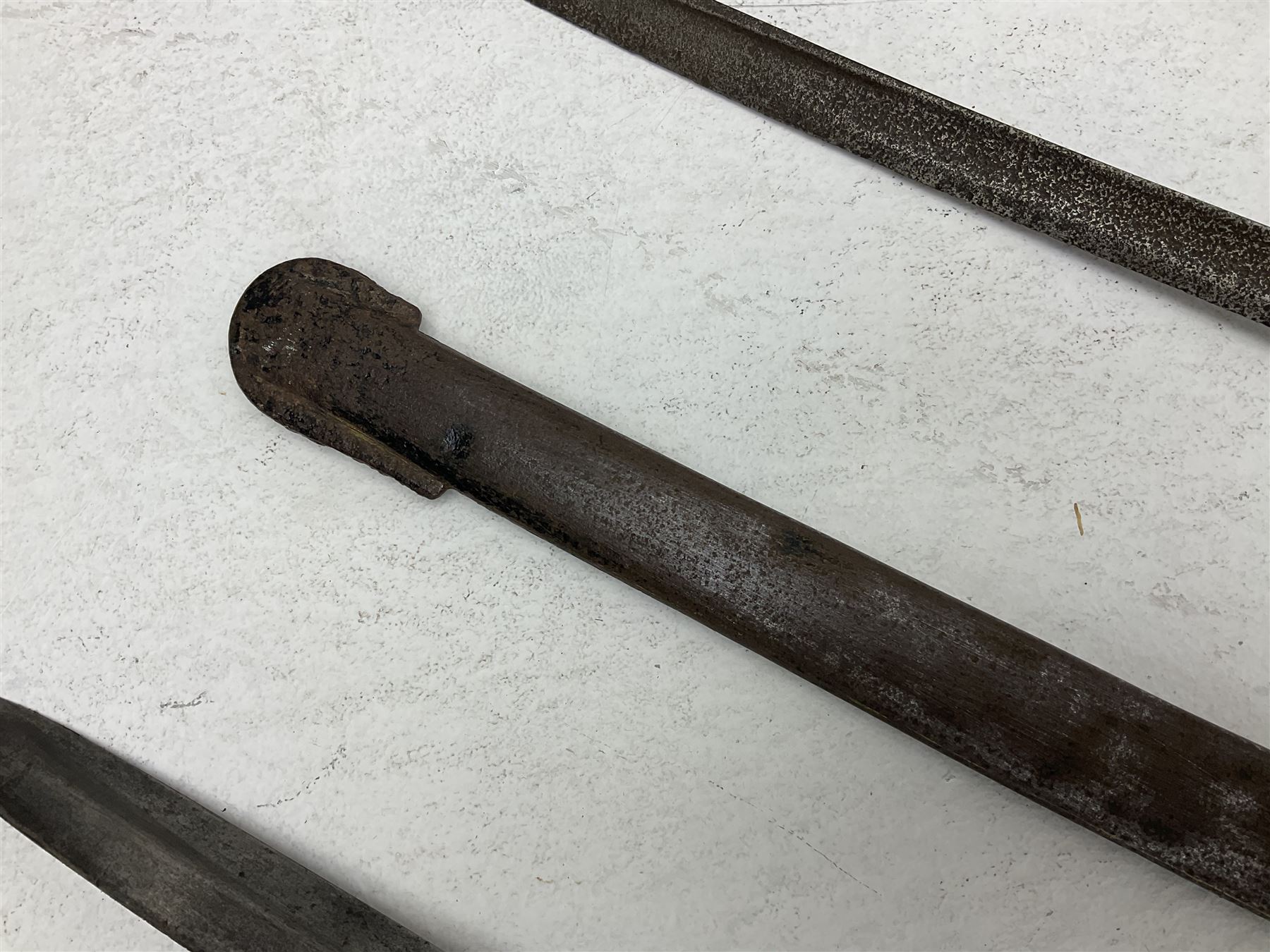 19th century Imperial German army heavy cavalry officers sword by Schnitzler and Kirschbaum, with 89cm single fullered steel blade and sheet steel basket hilt with teardrop cut-out and wire-bound leather grip L107.5cm overall; in steel scabbard with two suspension rings; and British Army 1822 Pattern Infantry Officer's sword in associated scabbard (2)