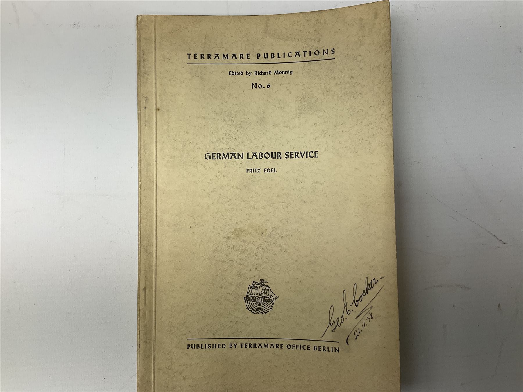 Set of six 1938 German booklets by Terramare Publications comprising No.1 Adolf Hitler by Philip Bouhler, No.2 German Political Profiles by Hans Heinz Sadila-Mantau, No.3 Versailles in Liquidation by Friedrich Grimm, No.4 German Law and Legislation by Erich Schinnerer, No.5 German Labour Service by Fritz Edel and No.6 Social Welfare in Germany by Werner Reher; some illustrated; all with English text (6)