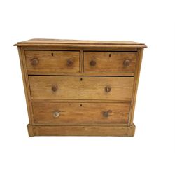 Late 19th century pine chest, fitted with two short and two long drawers with wooden handles, on plinth base