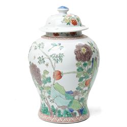 Chinese famille verte jar and cover, painted with traditional foliage and birds, Republic ...