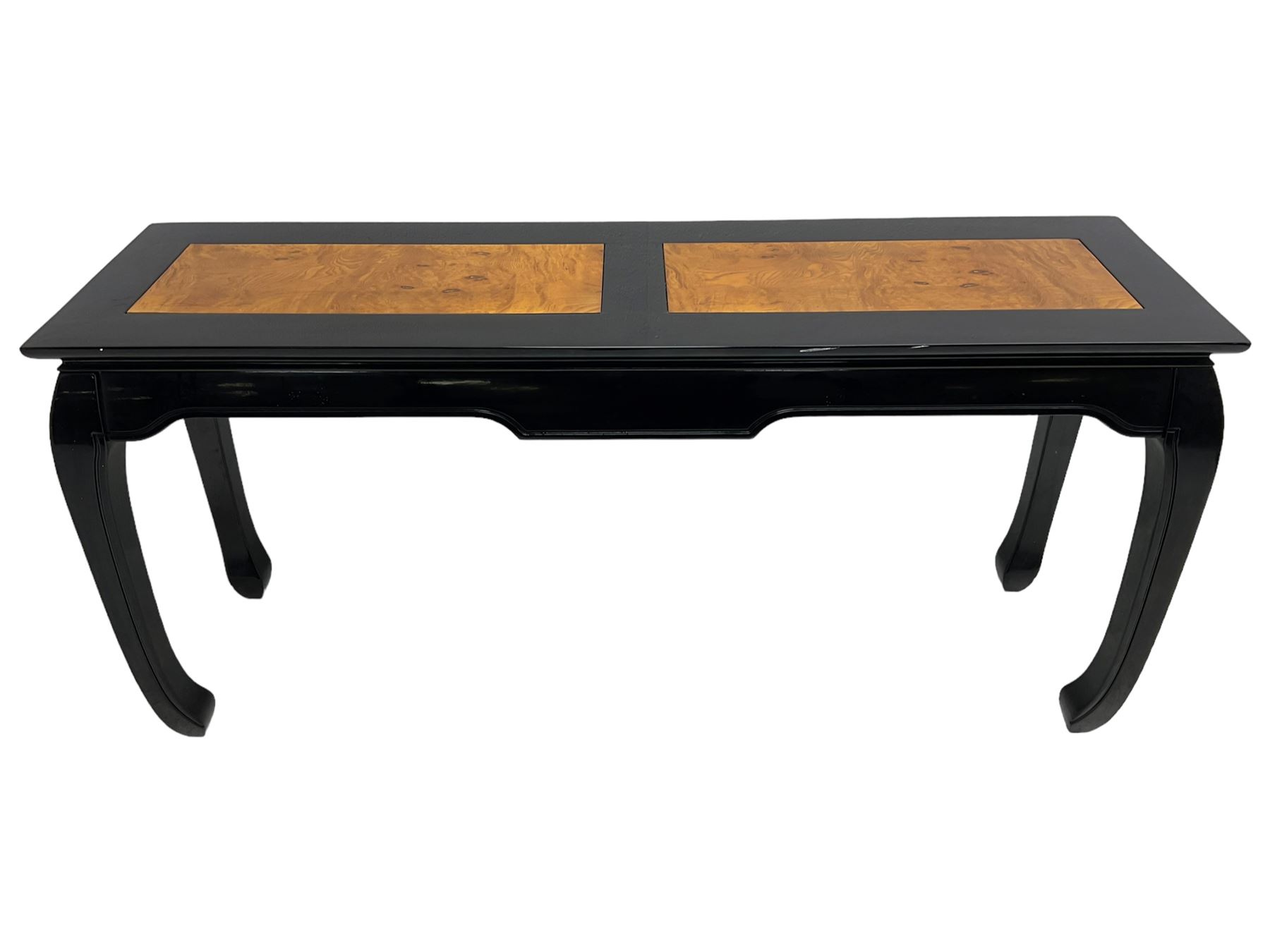 20th century Chinese ebonised lacquered console table, rectangular top with contrasting elm rectangular panels, shaped apron over curved supports