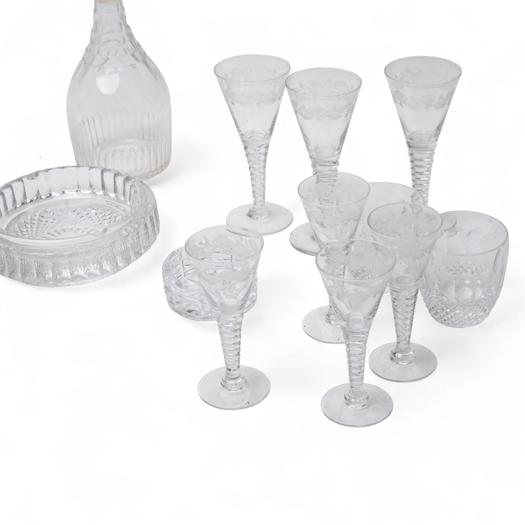 *Set of six Stuart crystal wine glasses with leaf etched decoration and cut tapering stems, nine smaller matching glasses, pair of Waterford Colleen tumblers, pair of smaller tumblers, pair of glass decanters and two glass ashtraysFrom the Kirkham Hall Attic & Cellar Collection, sold without reserve