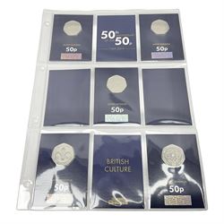 Queen Elizabeth II '50th Anniversary of the 50p 1969-2019' set of five fifty pence coins including 2019 Kew Gardens re-issue, each housed on Change Checker card