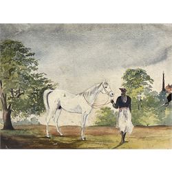 East India Company School (19th century): Portrait of a White Stallion with Handler in Landscape, watercolour signed with monogram 'AE', 25cm x 34cm; Temple scene with Figures and Peacocks, 19th century chromolithograph 20cm x 27cm ( both unframed) (2)
