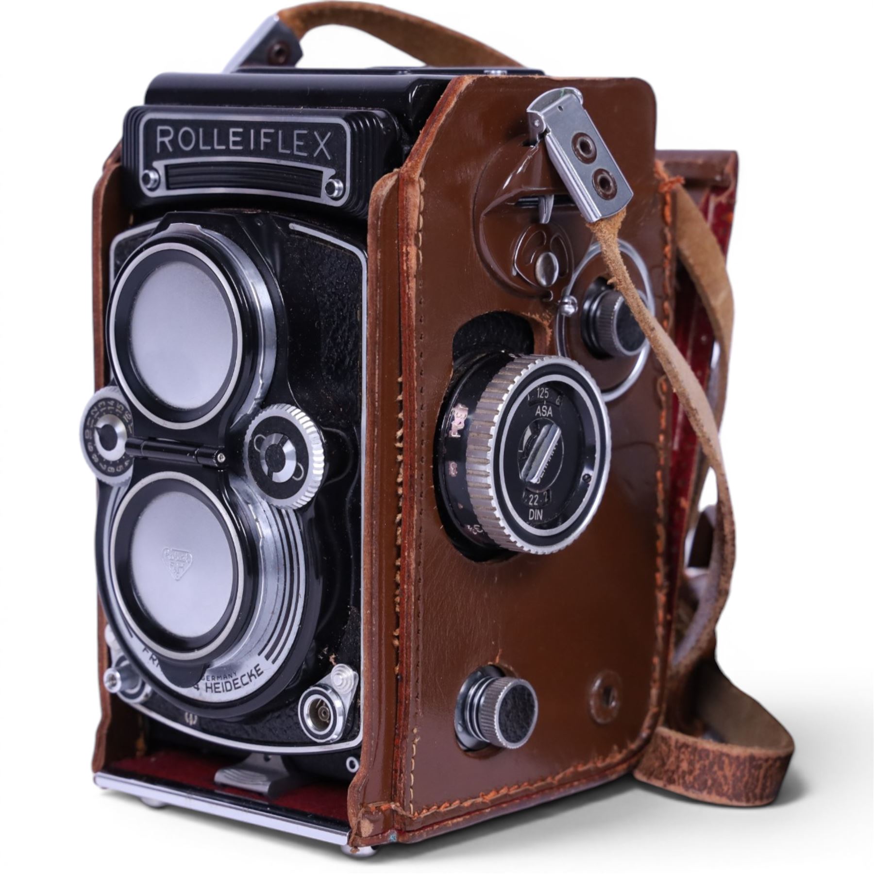 Rollei Franke & Heidecke Rolleiflex Model T medium format TLR camera, serial no. 2384853, with Carl Zeiss Planar 1:3.5 f=75mm and Heidosmat 1:2.8/75 lenses