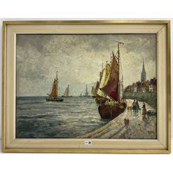 Claude Montier (20th Century): Figures and Ships Along the Promenade, oil on canvas signed 59cm x 79cm