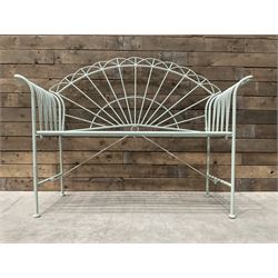 Wrought metal two seat garden bench, sunburst back, painted in pale green finish
