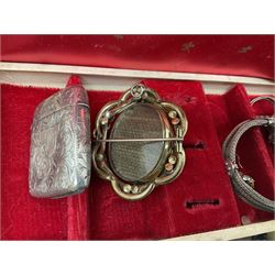 Collection of vintage and later brooches and costume jewellery, Victorian silver vesta case, silver-plated hip flask, Victorian pinchbeck swivel mourning brooch