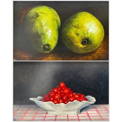 Elisabeth Klein (Contemporary): Pears and Redcurrants, two oils on board signed with monogram, max 13cm x 21cm (2)