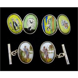 Two pairs of silver enamel cufflinks, including fly fishing and deadly sins designs