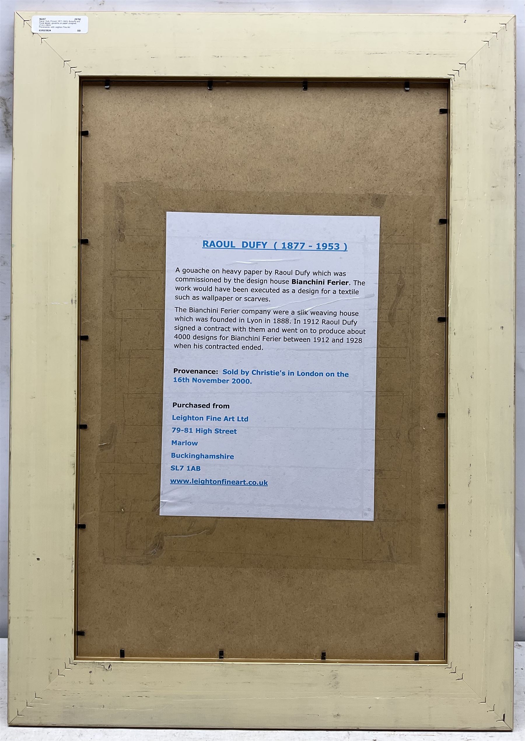 Raoul Dufy (French 1877-1953): Butterfly and Floral design, gouache on paper unsigned 27cm x 48cm
Provenance: with Leighton Fine Art; Bianchini Ferier Archive - Christie's London 16th November 2000.
Notes: The silk weaving house of Bianchini Firier was founded in Lyon in 1888. In 1912 Raoul Dufy signed a contract with them and went on to produce about 4000 designs for Bianchini Firier between 1912 and 1928. After his contract came to an end Bianchini Firier continued to make fabrics for important fashion houses such as Worth, Madeleine Vionnet, Jeanne Lanvin Paquin and Patou. They produced scarves for Hermes, Jacques Fath and others and created imaginative designs for Givenchy, Balenciaga, Chanel, Dior and Yves Saint-Laurent etc.