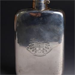 Late Victorian silver hip flask, of typical rectangular form, engraved with Royal Inniskilling Fusiliers crest to front, hallmarked Birmingham 1893, maker's mark worn and indistinct, H14cm