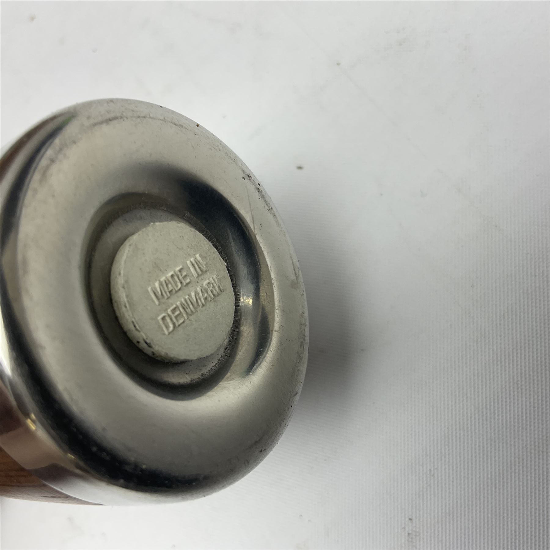 Danish collectables, to include teak tray by Nissen Denmark, ladybird pattern biscuit barrel by Laurids Lonborg and a Stelton stainless steel and wooden cruet set, together with a mid century floral tile trivet