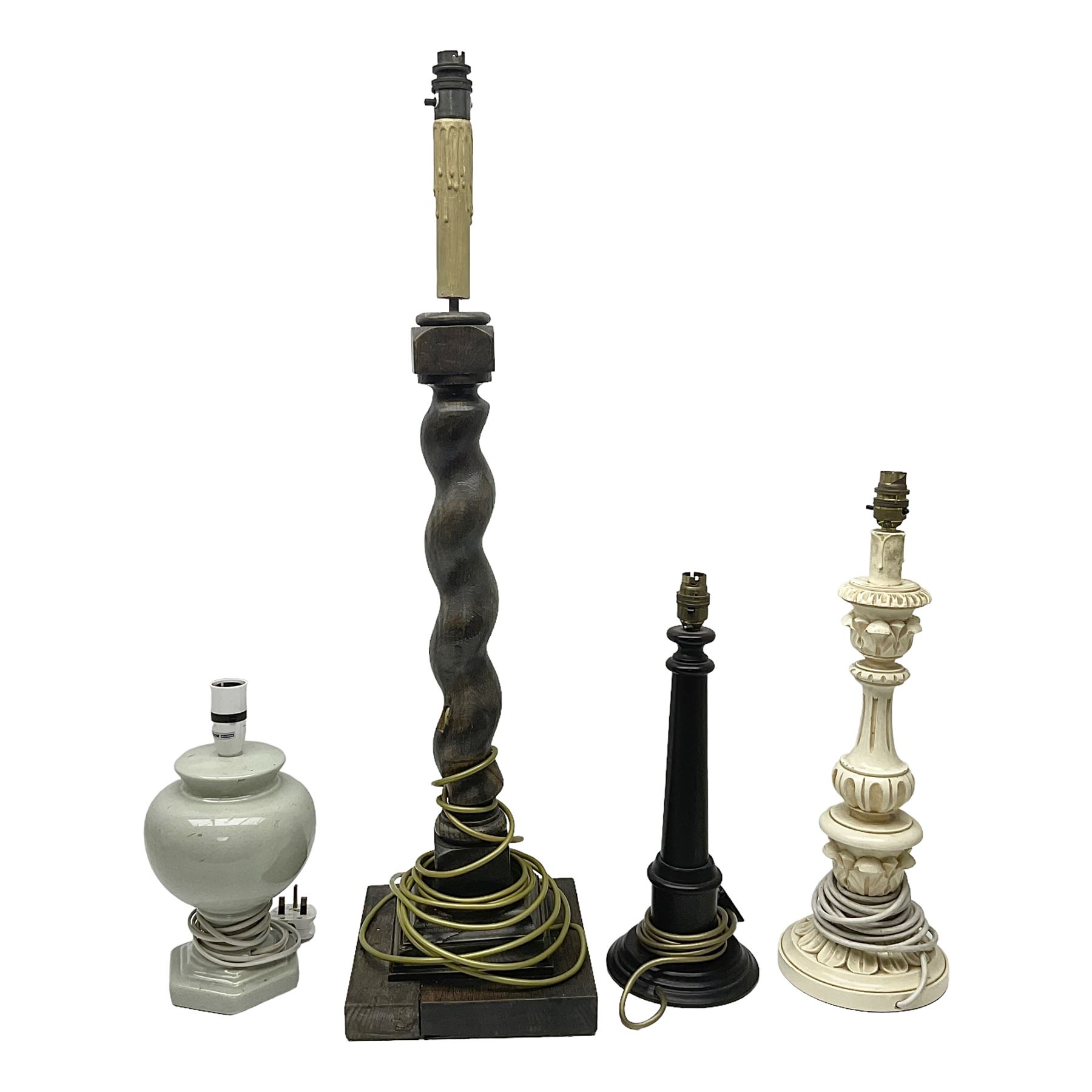 19th century oak barley twist table lamp, together with three other table lamps, including off white painted foliate example, tallest H86cm