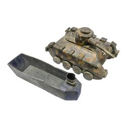 1940s French wooden eight wheel model FFI free tank, painted in brown camouflage, together with a 1940s wooden scratch built model of a landing craft, tank H18cm, W31cm