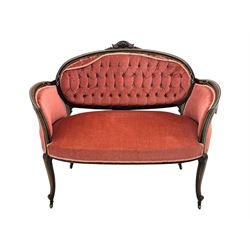 Edwardian inlaid rosewood parlour suite, comprising pair of tub shaped armchairs (W77cm, D69cm, H88cm); and matching two-seat sofa (W112cm, D69cm, H88cm), each with carved crest rails with shell motifs, deep button-tufted oval backs upholstered in pink fabric with braid trim, on cabriole supports