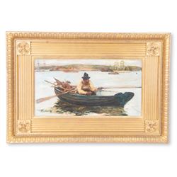 Robert Jobling (Staithes Group 1841-1923): Line Fishing from a Rowing Boat, oil on canvas unsigned, provenance verso 29cm x 54cm