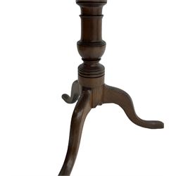 19th century oak pedestal table, circular snap top, tripod base