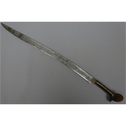  19th century Turkish sword yataghan, the slightly curving 53cm steel blade engraved with scrollwork and a panel of script, with hardwood eared hilt 66cm overall  