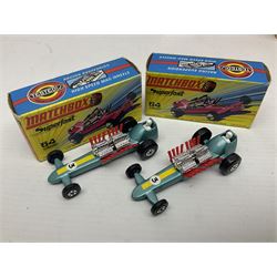 Matchbox 1-75 Series 'Superfast' ex-shop stock - eight models comprising two 62d Dragster, two 64c Slingshot Dragster, two 65d Saab Sonnet III and two 75c Alfa Carabo; all boxed; together with Matchbox trade catalogue c1973 in original vinyl cover (9)