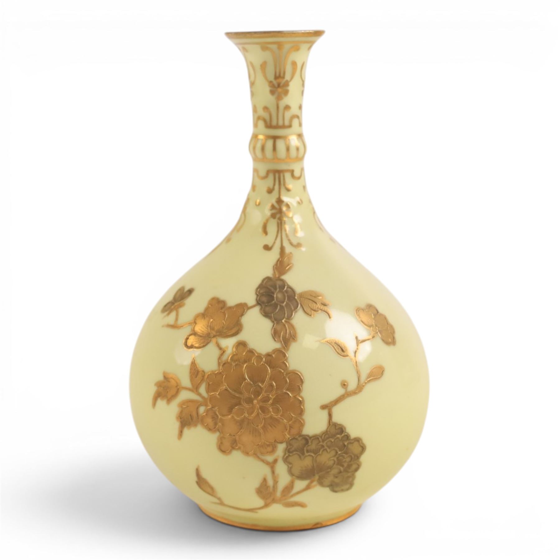 Pair of Royal Crown Derby bud vases, decorated with gilt floral sprigs upon a yellow ground, marked beneath, H14cm