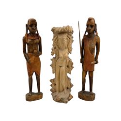 African carved wooden marriage/wedding chain, together with three carved figures, largest H44cm