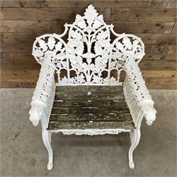 20th century Coalbrookdale design cast iron oak leaf and acorn armchair, white painted cast iron frame with slatted wooden seat, the pierced and shaped back decorated with scrolling oak branches and leafage, flanked by dog mask arm terminals over cabriole supports with paw feet