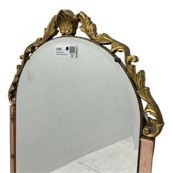 Mid-to-late 20th century wall mirror, arched frame decorated with gilt shell and trailing foliage pediment, bevelled glass plate