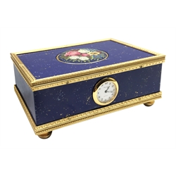 Reuge Music - simulated lapis lazuli automaton box, oval floral plate reveals singing bird, circular Arabic dial timepiece with quartz movement, gilt metal moulded mounts, in presentation case, with box, numbered underneath '2270', W12cm 