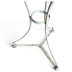 19th century French Arras design garden or bistro table, circular marble top with copper edge, raised on wrought iron triform base, in white painted finish