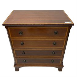 Small Georgian design inlaid mahogany chest, rectangular reed moulded and satinwood banded top over four drawers, canted and flute carved upright corners, on splayed bracket feet