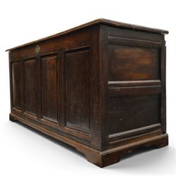 18th century oak coffer, rectangular top with moulded top, four fielded panel front, raised on a moulded plinth base