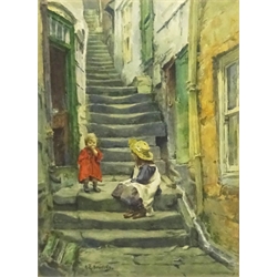 Albert George Stevens (Staithes Group 1863-1925): Children on the Steps Whitby, watercolour signed 33cm x 24cm