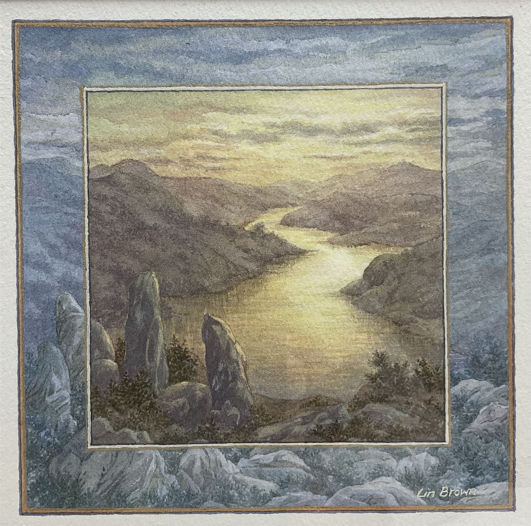 Lindsay Brown (British 20th century): 'End of the Day', watercolour signed, titled on exhibition label verso 15cm x 15cm 
Provenance: exh. Royal Institute of Painters in Water Colours, Mall Galleries, London 1970, label verso