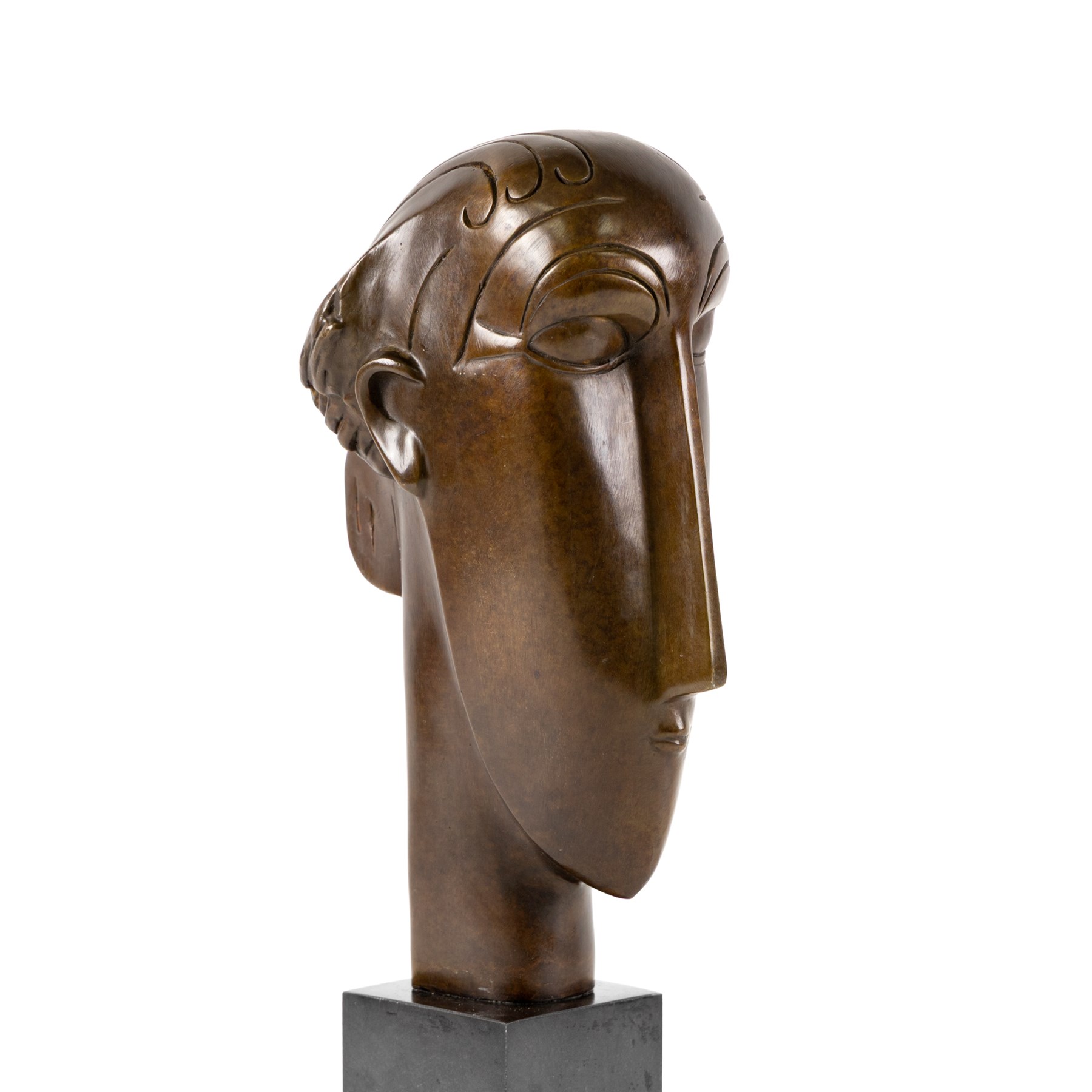 After Amedeo Modigliani - bronze sculpture modelled as a female face, upon a square base, overall H38cm