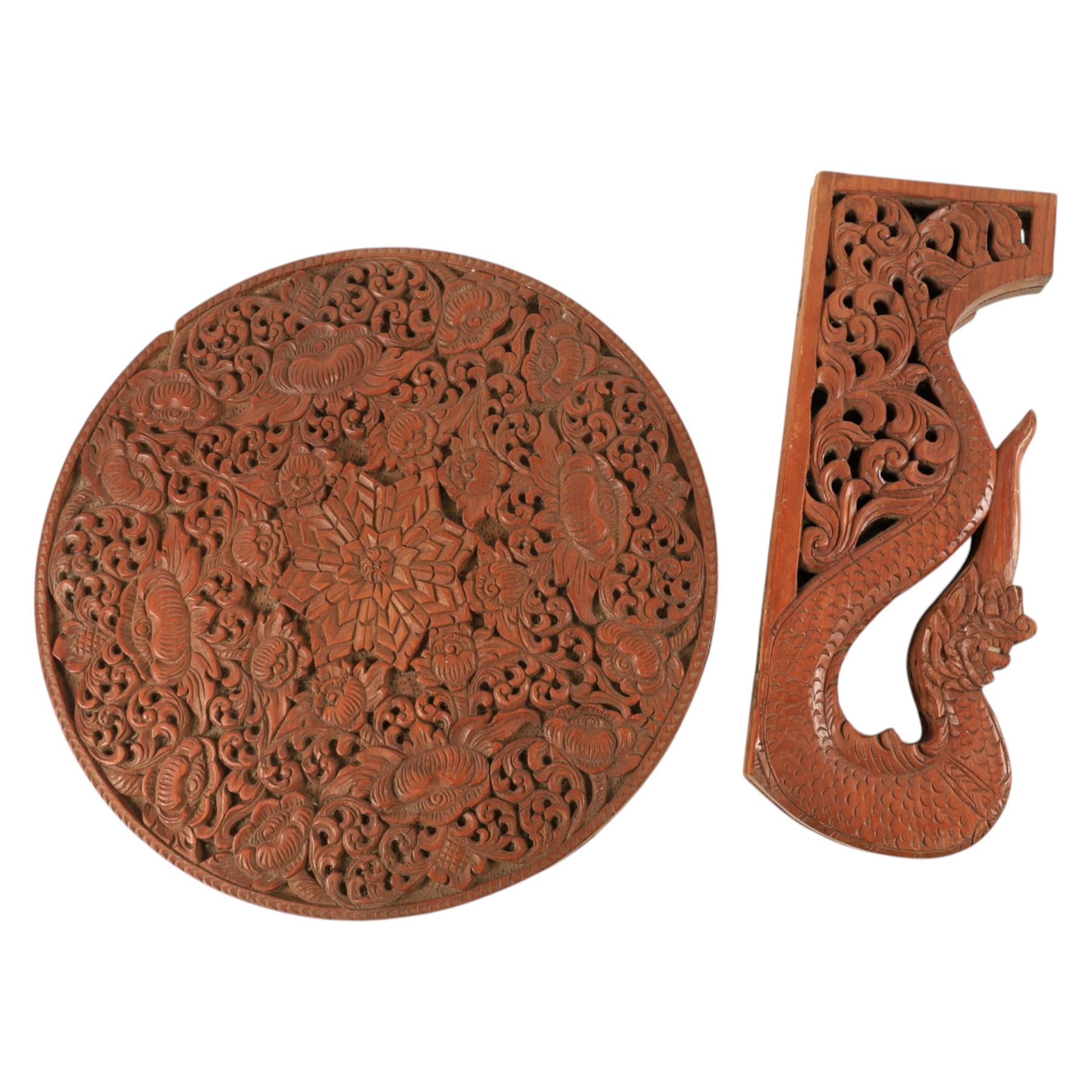 Carved side table, the top carved in relief with leaves and foliage, with folding legs, H53cm