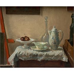 Shig*** (Continental 20th century): Still Life of Ceramics and Glassware, oil on canvas indistinctly signed 36cm x 44cm