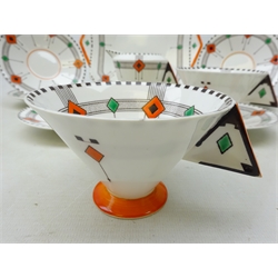  Art Deco Shelley Vogue shaped part tea set decorated in the Diamonds pattern comprising tea cups, six saucers, milk jug and serving plate no. 11772 (10)  
