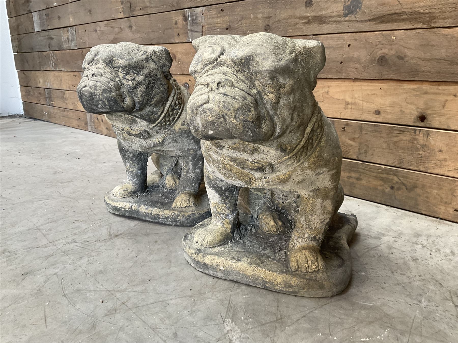 Pair of cast stone garden British bulldogs, on shaped plinths