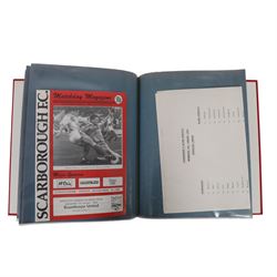 Comprehensive collection of approximately one hundred and seventy Scarborough FC football programmes for the 1990/91, 1991/92 and 1992/93  seasons, all filed within six dedicated Scarborough FC red Home and Away binders