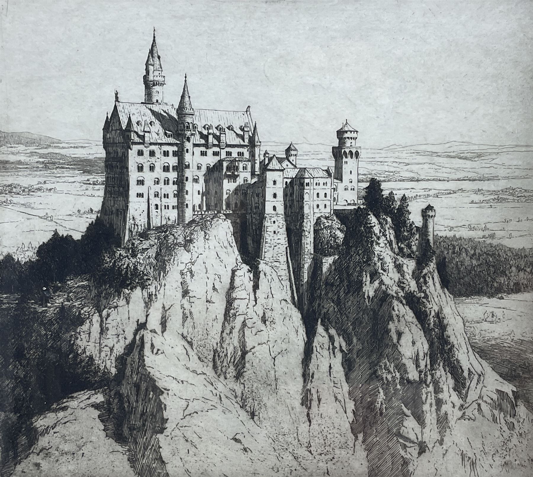 George Percival Gaskell (British 1868-1934): Neuschwanstein Castle Germany, etching signed in pencil together with Julius Komjati (Hungarian 1894-1958): Prisoner in Prayer, etching signed in pencil max 23cm x 25cm (2)