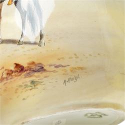 Pair of Tuscan China vases painted with Middle Eastern scenes signed R Haigh H18cm, another in similar subject and two other Tuscan China vases painted with birds