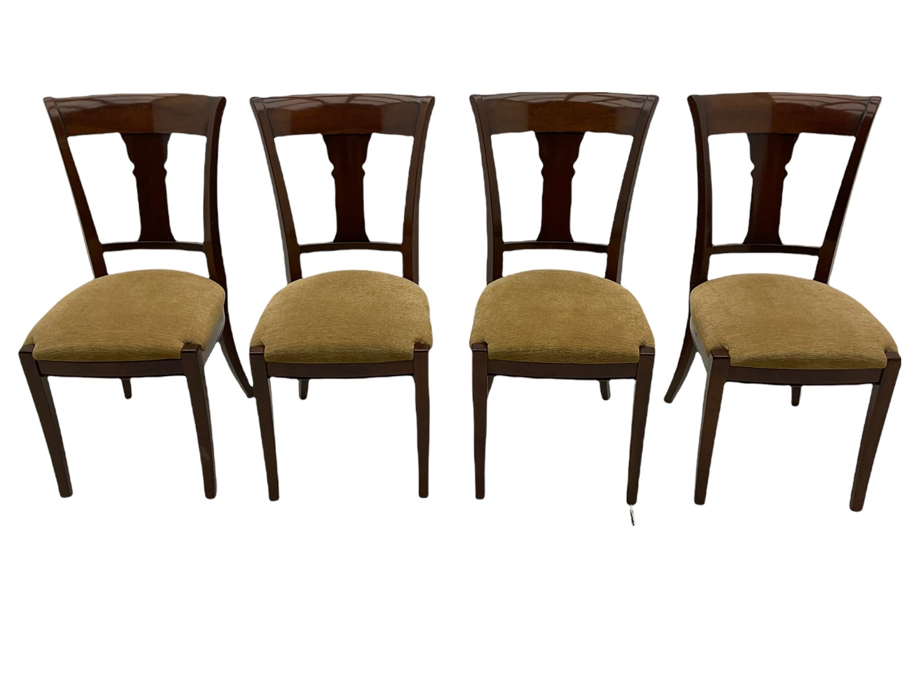 Grange Furniture - cherry wood finish oval extending dining table on square tapering supports, and a set of eight dining chairs with curved backs and upholstered seats 