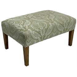 Rectangular footstool, upholstered in laurel green fabric decorated with birds and foliage, on fluted square tapering supports 