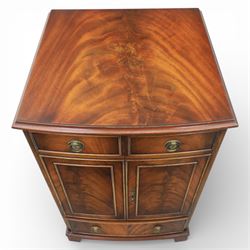 Reprodux - Georgian design pair of mahogany bow-front cabinets, moulded lifting hinged top, above a locking cabinet with drawer below, raised on bracket feet 