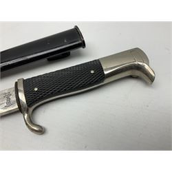 German Wehrmacht KS98 dress bayonet, with plain 19.5cm fullered blade marked Anton Wingenje Solingen, chequered black plastic grip and original leather washer to ricasso; in black painted metal scabbard L36cm overall