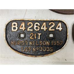 'LNER, 21 tons, 1947, Darlington, 302871' cast iron sign, together with BR D type Wagon plate, 'B426424 Hurst Nelson 1957 Lot No 3035' and another cast iron plaque
