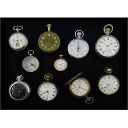 Gunmetal full hunter keyless lever pocket watch, two other gun metal pocket watches, Railway Regulator pocket watch and a fob watch, military issue Precista stopwatch, pedometer and compass and two pocket watches (10)