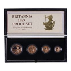Queen Elizabeth II 1989 gold proof Britannia four coin set, one hundred pound to ten pound...